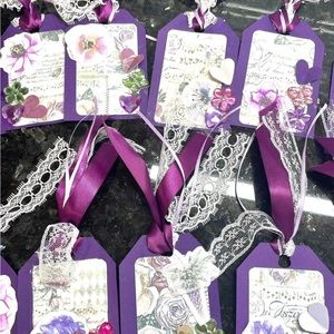 11 Pcs Purple Flower Hang Tags Hearts Vintage Handcrafted